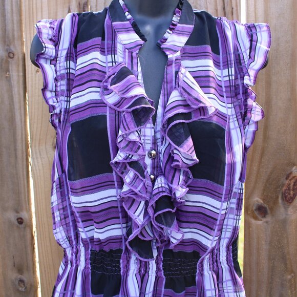 Paper Tee Purple Plaid Ruffle Blouse Sleeveless Sheer Top XL - Picture 3 of 5